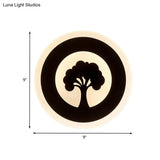 Black Acrylic Round Led Flush Wall Sconce With Tree Pattern - Modern And Elegant