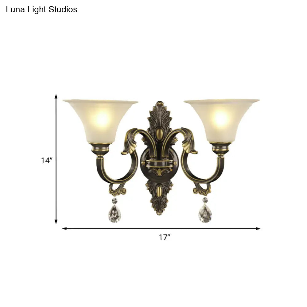 Black And Gold Crystal Raindrop Bell Shade Wall Sconce Light Fixture With 2-Bulb Mount
