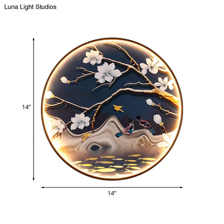 Black Asian Fabric Mural Led Wall Light Fixture For Living Room With Flower/Bird Design