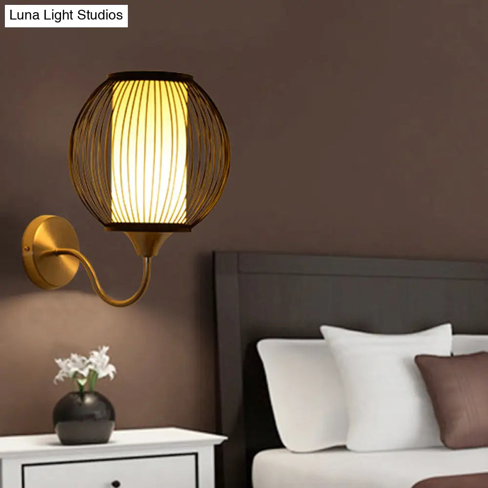 Black Asian Style Bamboo Wall Lamp With Gooseneck Arm - 1-Light Sconce Lighting For Bedside