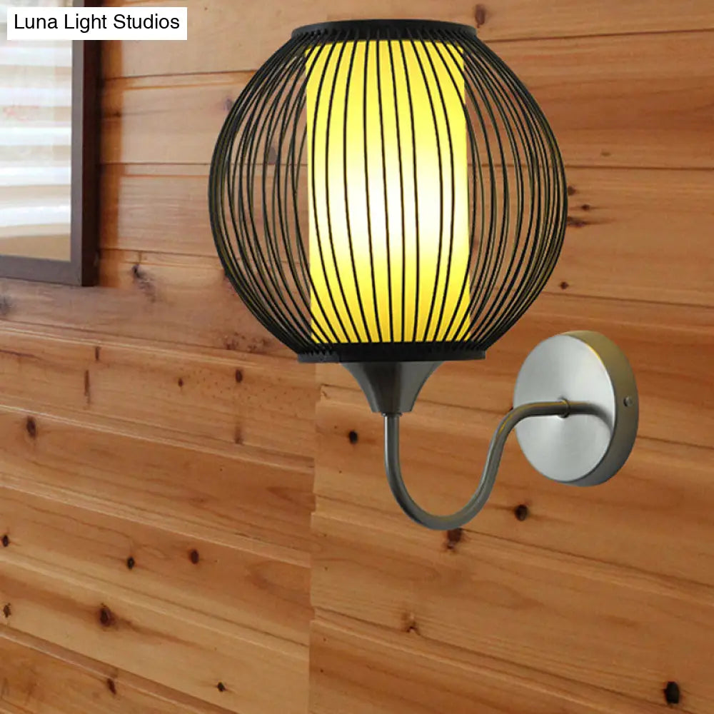Black Asian Style Bamboo Wall Lamp With Gooseneck Arm - 1-Light Sconce Lighting For Bedside