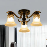 Black Bell Semi Flush Mount Ceiling Light Fixture - Classic Frosted Glass 3/6/8 Lights For Living