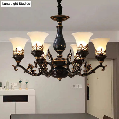 Black Bell Shaped Ceiling Suspension Lamp With Frosted Glass And Multiple Heads - Countryside