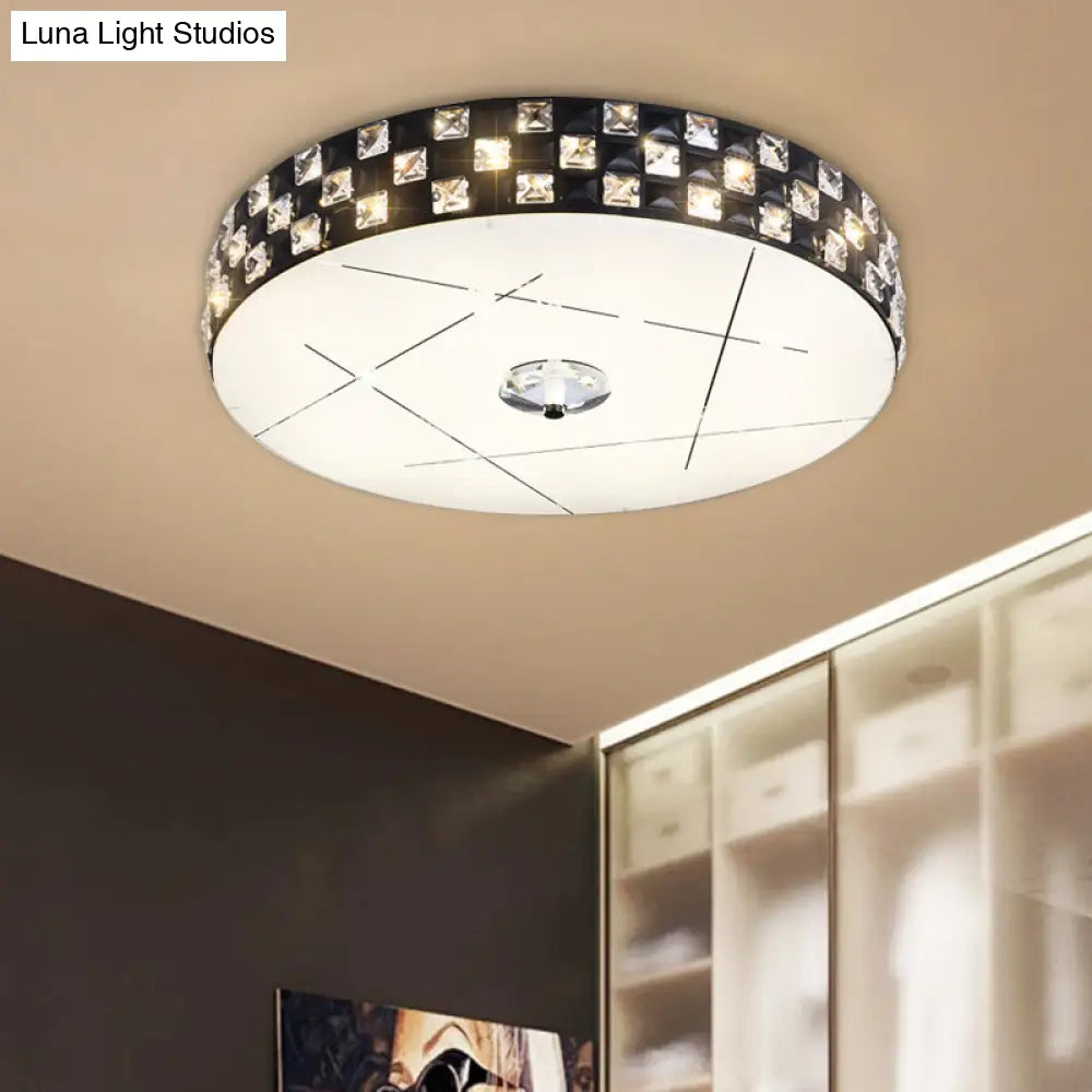 Black Beveled Crystal Led Drum Flushmount Ceiling Light For Guest Room