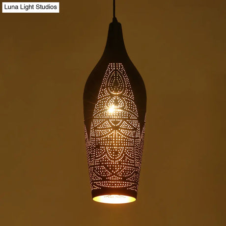Black Carved Pendant Metal Ceiling Lamp With Decorative Suspension - 1 Bulb Design