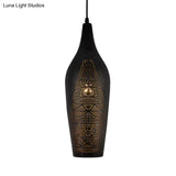 Black Carved Pendant Metal Ceiling Lamp With Decorative Suspension - 1 Bulb Design