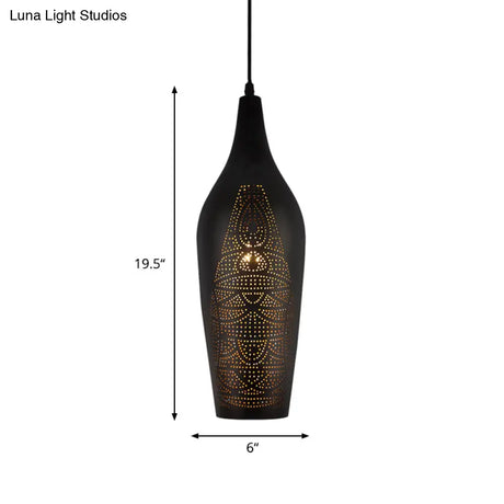Black Carved Pendant Metal Ceiling Lamp With Decorative Suspension - 1 Bulb Design