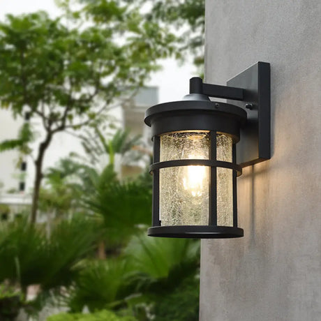 Black Crackle Glass Sconce Lamp - Cylindrical Countryside Wall Lighting With Metal Frame 1 Bulb