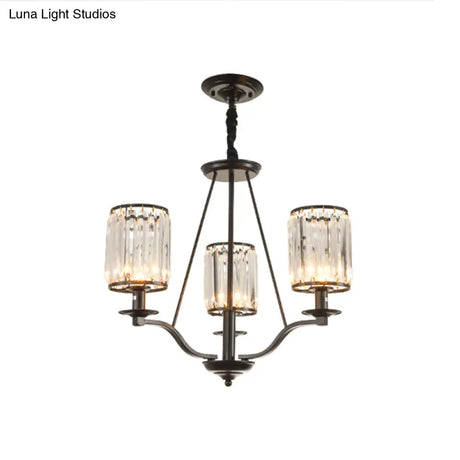 Black Crystal Beveled Pendant Light - Cylinder Chandelier For Living Room Ceiling Country Style