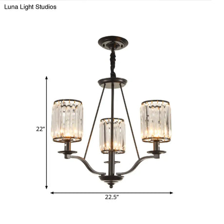 Black Crystal Beveled Pendant Light - Cylinder Chandelier For Living Room Ceiling Country Style