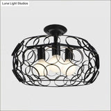 Black Drum Design Semi Flush Light - Vintage Retro Metallic 3-Head Foyer Mount 16’/16.5’ W