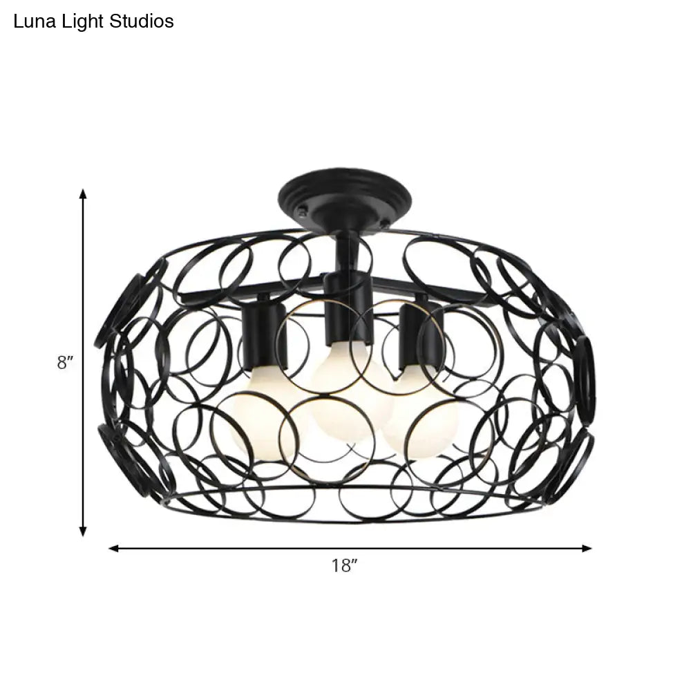 Black Drum Design Semi Flush Light - Vintage Retro Metallic 3-Head Foyer Mount 16’/16.5’ W