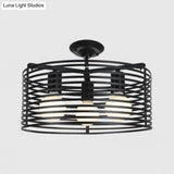 Black Drum Design Semi Flush Light - Vintage Retro Metallic 3-Head Foyer Mount 16’/16.5’ W