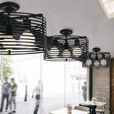 Black Drum Design Semi Flush Light - Vintage Retro Metallic 3-Head Foyer Mount 16’/16.5’ W / 16’