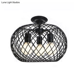 Black Drum Design Semi Flush Light - Vintage Retro Metallic 3-Head Foyer Mount 16’/16.5’ W