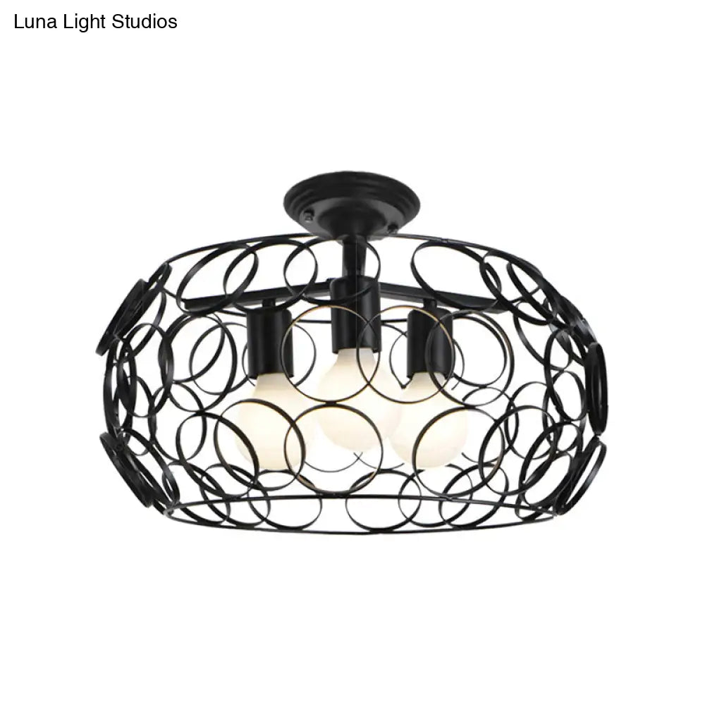 Black Drum Design Semi Flush Light - Vintage Retro Metallic 3-Head Foyer Mount 16’/16.5’ W