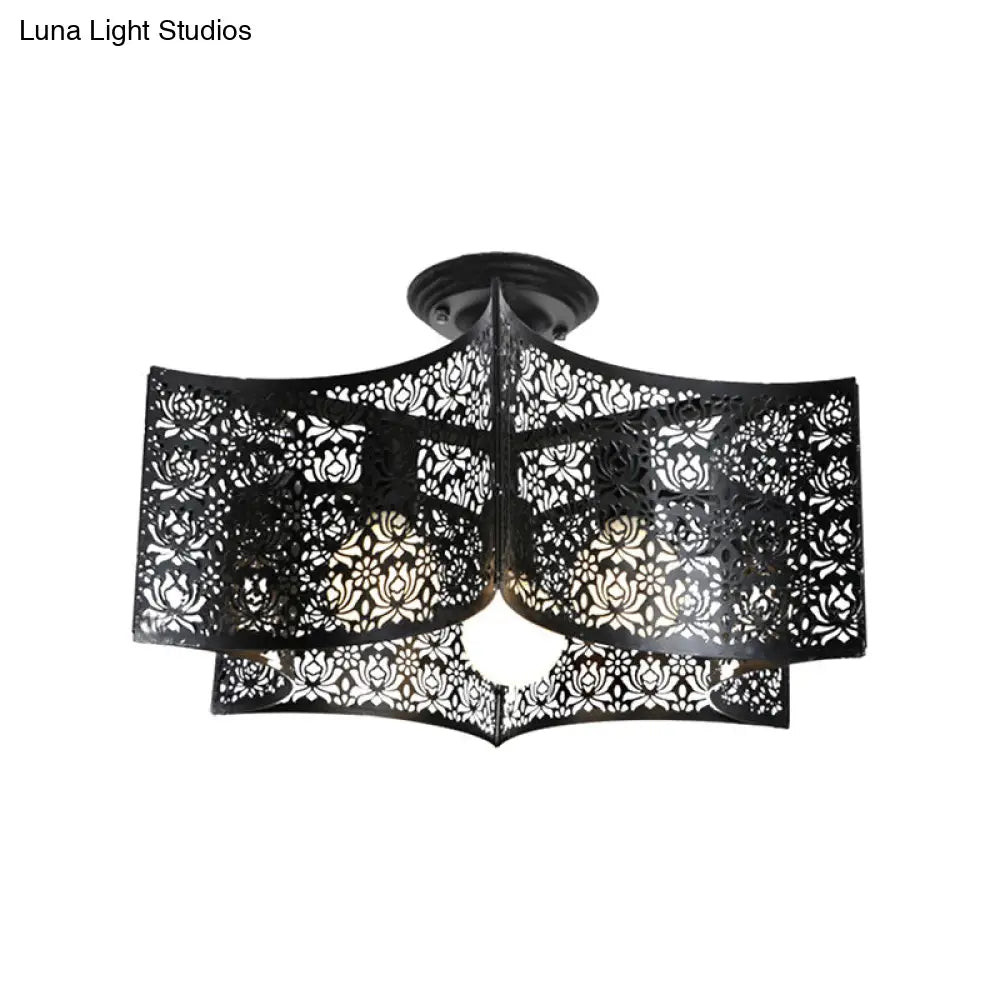 Black Drum Design Semi Flush Light - Vintage Retro Metallic 3-Head Foyer Mount 16’/16.5’ W