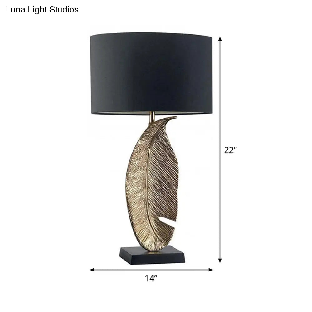 Black Fabric Table Lamp With Leaf-Shaped Metal Base - Modern 1-Light Night Lighting For Bedroom