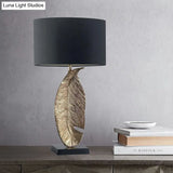 Black Fabric Table Lamp With Leaf-Shaped Metal Base - Modern 1-Light Night Lighting For Bedroom