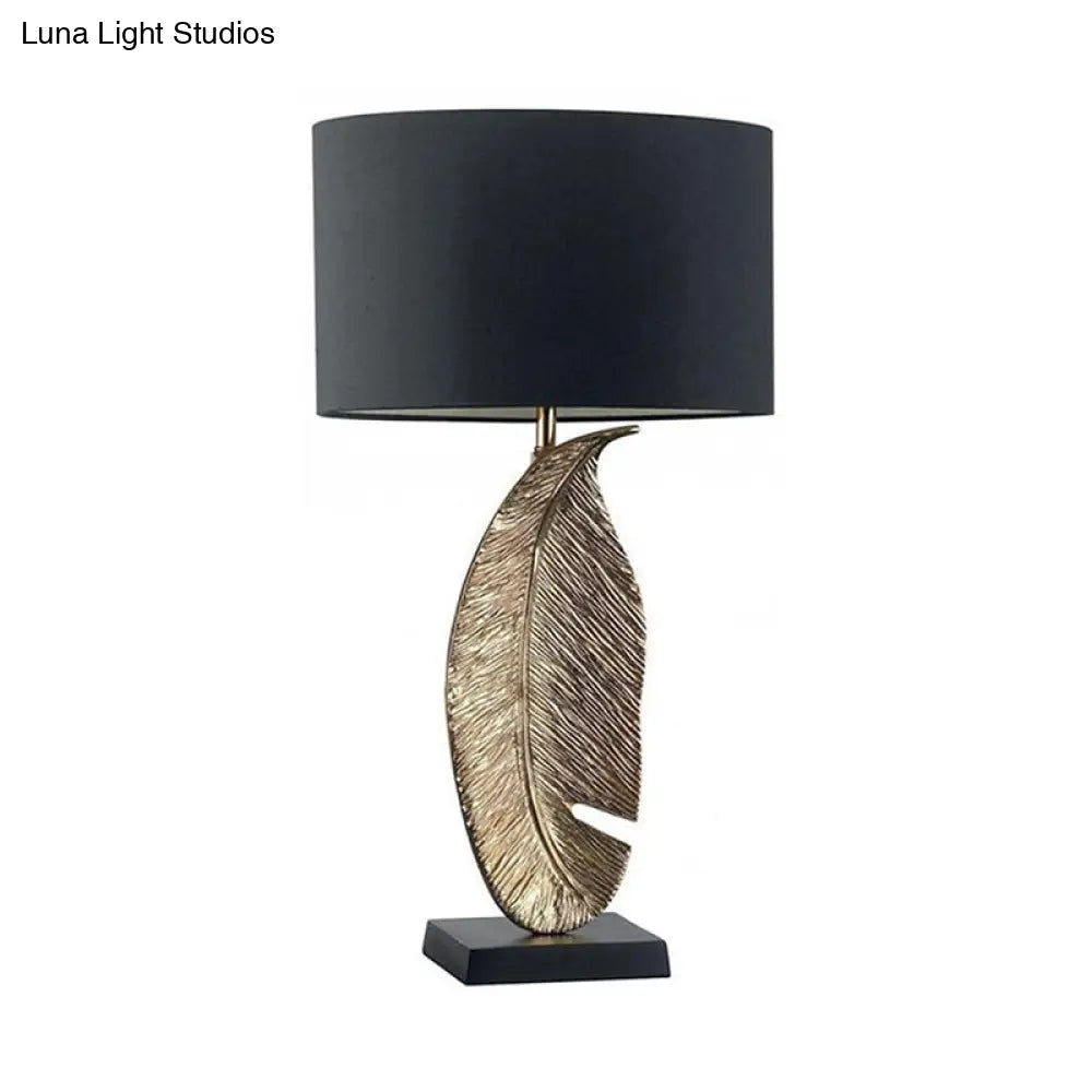 Black Fabric Table Lamp With Leaf-Shaped Metal Base - Modern 1-Light Night Lighting For Bedroom