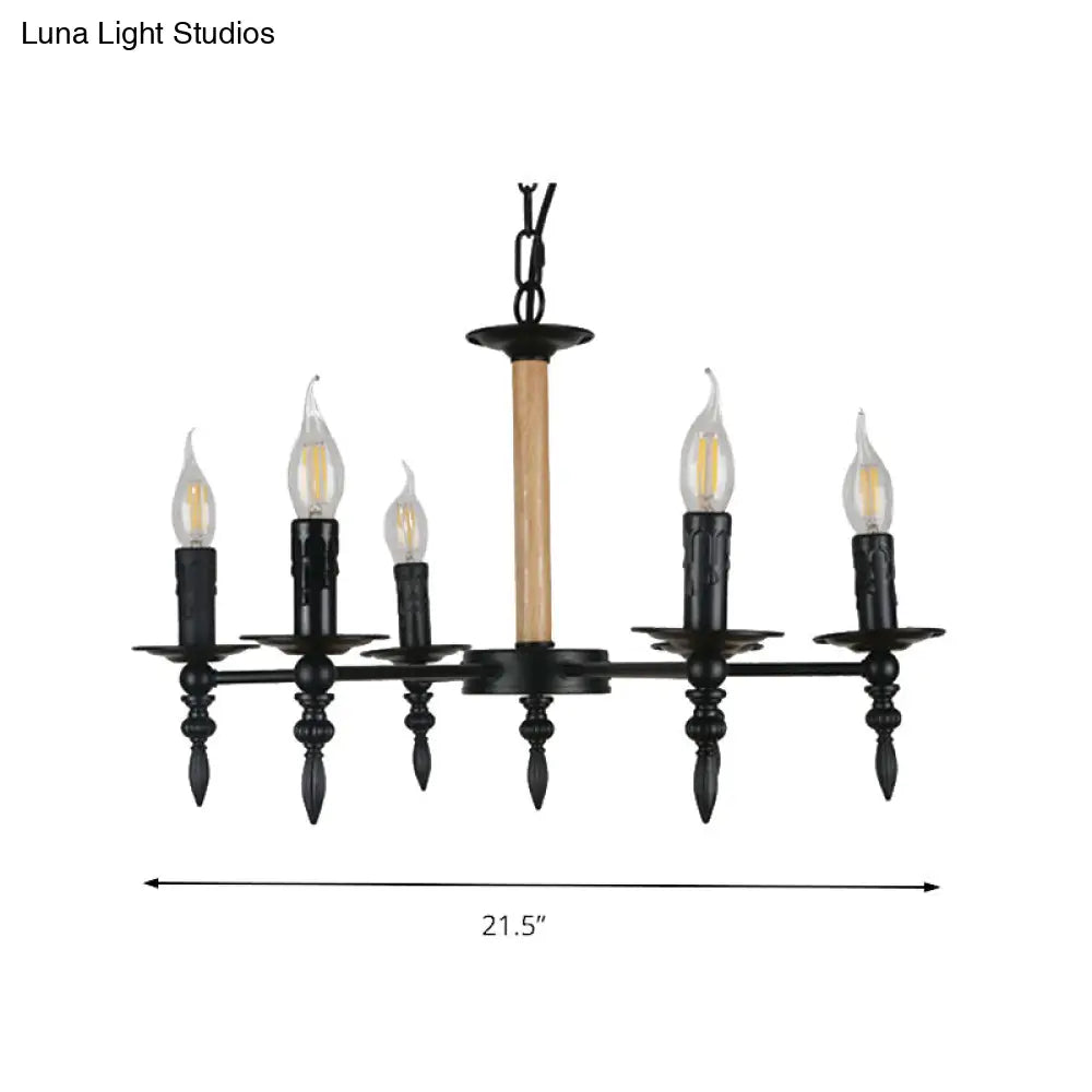 Black Finish Candle Chandelier - Antique Metal/Wood 6 Heads Restaurant Pendant Light
