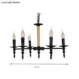 Black Finish Candle Chandelier - Antique Metal/Wood 6 Heads Restaurant Pendant Light