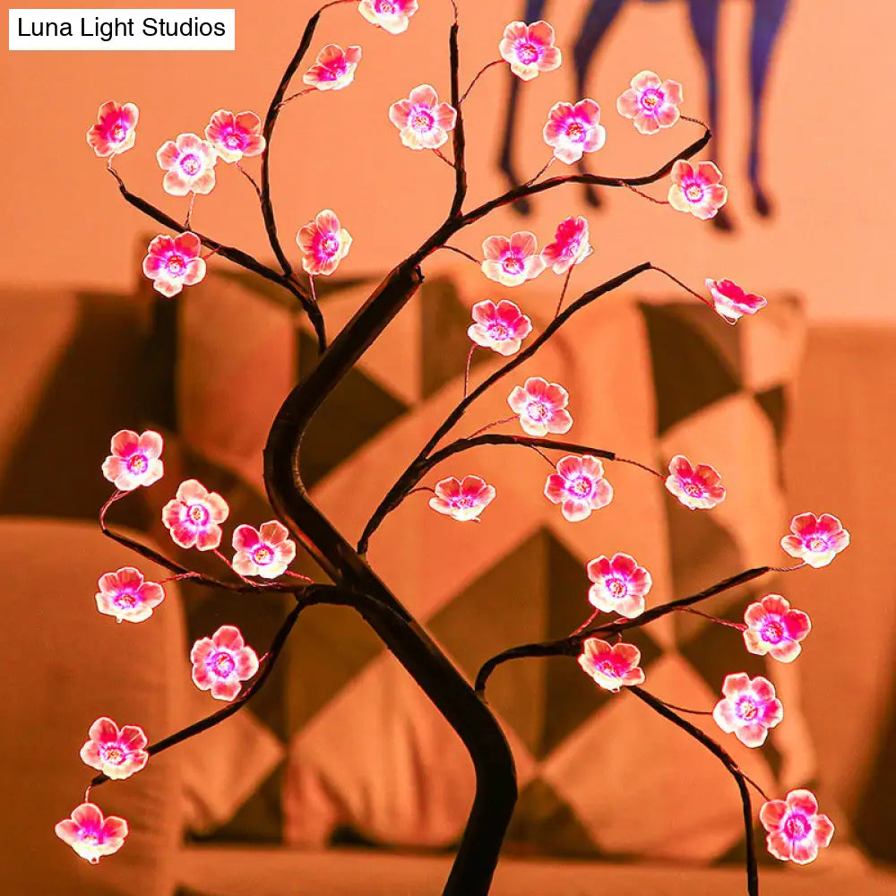 Black Floral Battery Table Lamp: Modern Led Nightstand Lighting For Bedroom