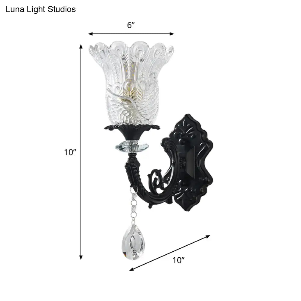 Black Flower Wall Lamp With Clear Crystal Glass Shade & Minimalist Design