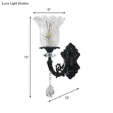 Black Flower Wall Lamp With Clear Crystal Glass Shade & Minimalist Design