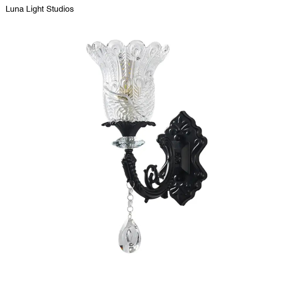 Black Flower Wall Lamp With Clear Crystal Glass Shade & Minimalist Design