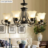 Black Frosted Glass Chandelier: Flower-Shaped Pendant Light For Classic Dining Room