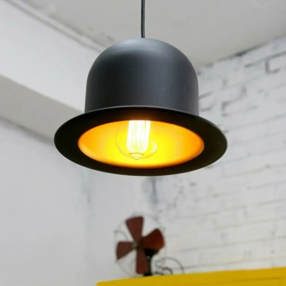 Black Gentleman Hat Style Hanging Lamp - Metal Ceiling Light For Dining Room / Semicircle