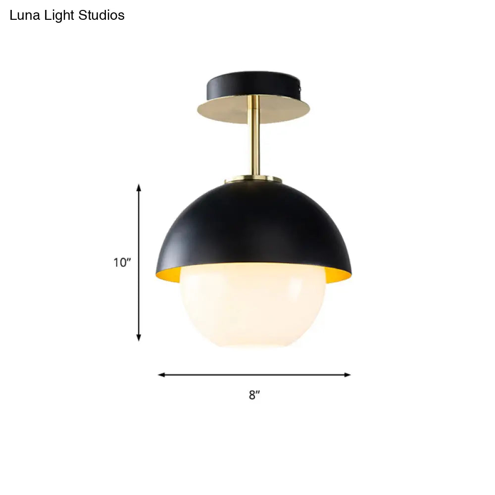 Black Glass Orb Semi Flush Mount Ceiling Light With Domed Shade - Modern Bathroom Lamp