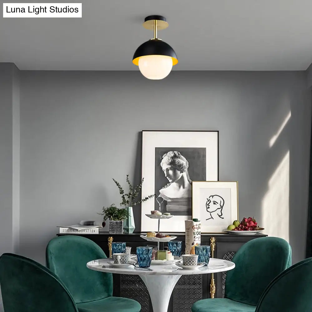 Black Glass Orb Semi Flush Mount Ceiling Light With Domed Shade - Modern Bathroom Lamp