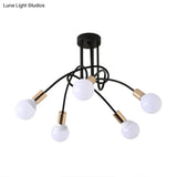 Black/Gold Twisted Industrial Semi Flush Mount Kitchen Ceiling Light With Open Bulb - 3/5/6-Light