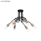 Black/Gold Twisted Industrial Semi Flush Mount Kitchen Ceiling Light With Open Bulb - 3/5/6-Light