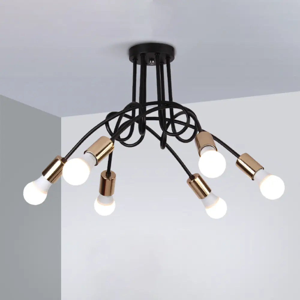 Black/Gold Twisted Industrial Semi Flush Mount Kitchen Ceiling Light With Open Bulb - 3/5/6-Light