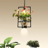 Black Industrial Iron Pendant With Clear Glass Plant Pot: 1 Light Down Lighting Cage Design / C