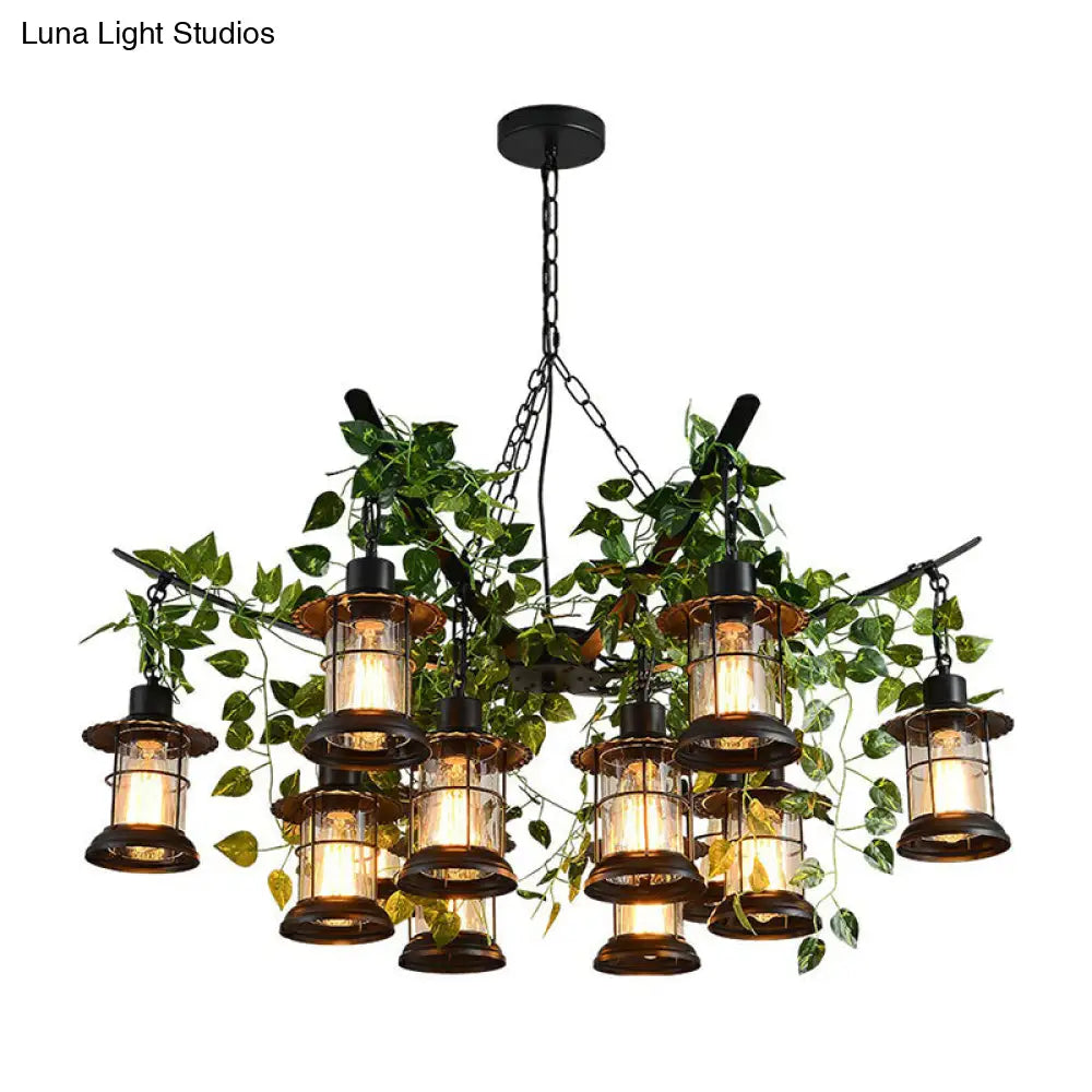 Black Industrial Lantern Chandelier With Green Vine Accents And Clear Glass Stylish Suspension Light