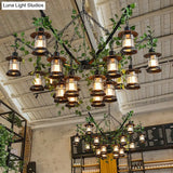 Black Industrial Lantern Chandelier With Green Vine Accents And Clear Glass Stylish Suspension Light