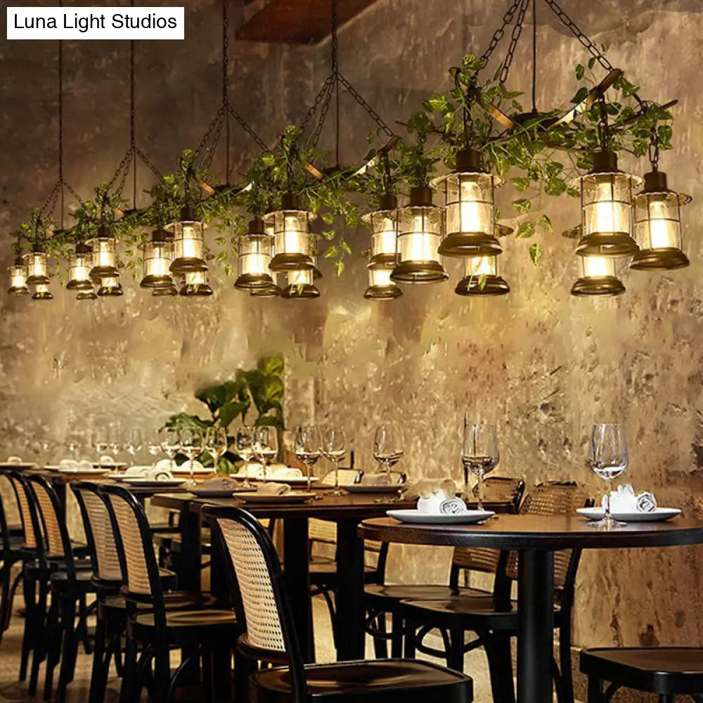 Black Industrial Lantern Chandelier With Green Vine Accents And Clear Glass Stylish Suspension Light