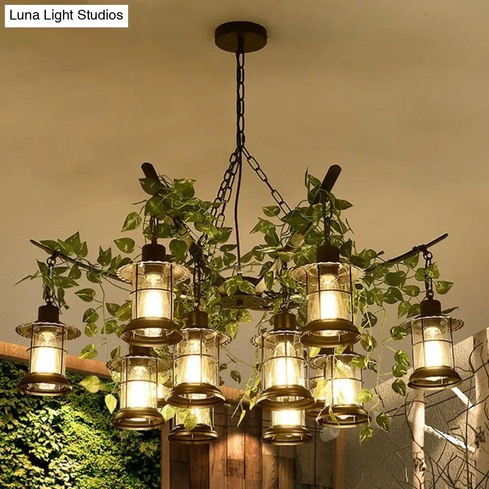 Black Industrial Lantern Chandelier With Green Vine Accents And Clear Glass Stylish Suspension Light