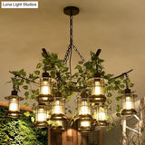 Black Industrial Lantern Chandelier With Green Vine Accents And Clear Glass Stylish Suspension Light