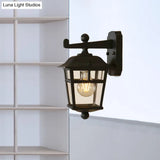 Black Industrial Lantern Wall Sconce - Clear Glass Hanging Light With Single Bulb For Porch