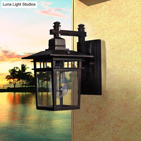 Black Industrial Lantern Wall Sconce - Clear Glass Hanging Light With Single Bulb For Porch