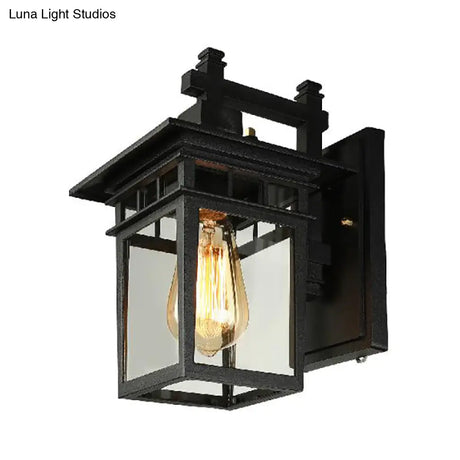 Black Industrial Lantern Wall Sconce - Clear Glass Hanging Light With Single Bulb For Porch