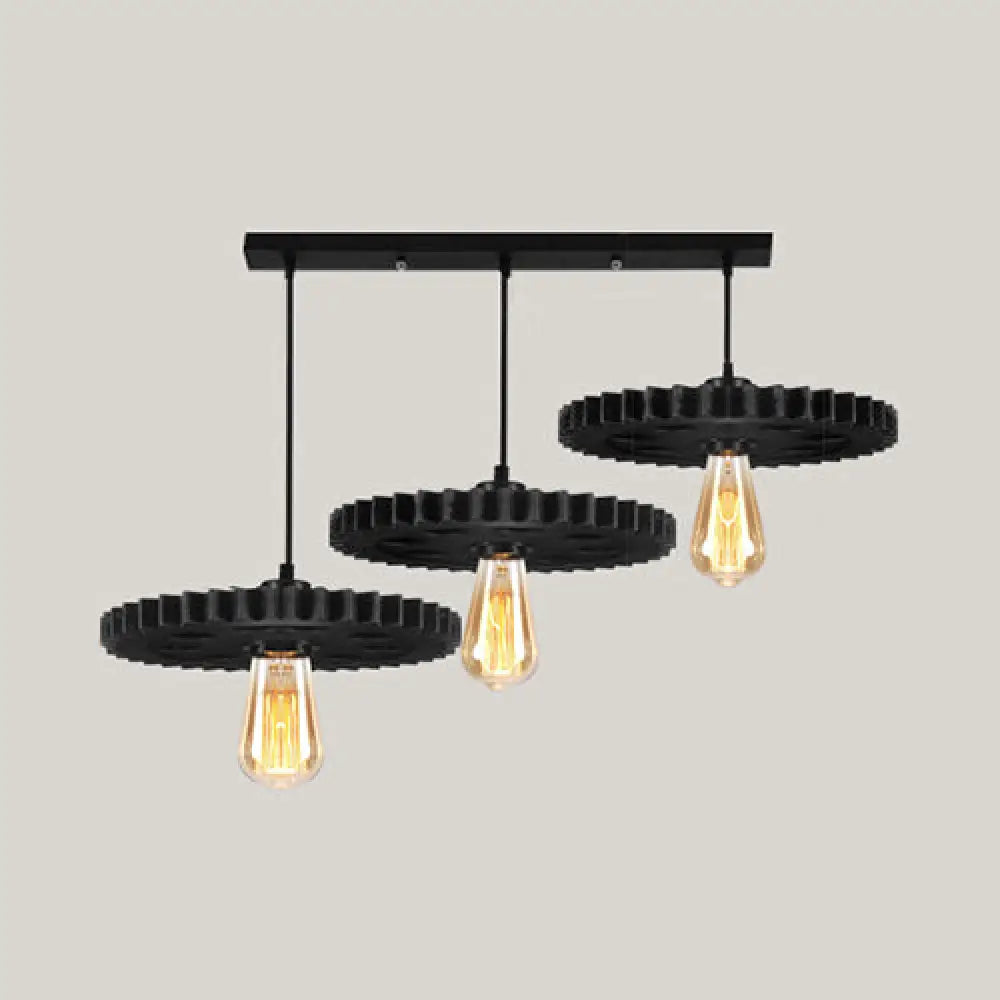 Black Industrial Style Metal Pendant Light With Open Bulb And Gear Decoration / Linear