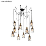 Black Iron Caged Pendant Chandelier - Industrial Multi-Light Fixture For Restaurants (10 Bulbs)