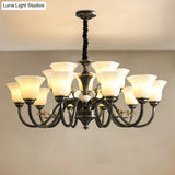 Black Iron Chandelier With Curved Arm And Frosted Glass Shade - Traditional Ceiling Lighting Fixture