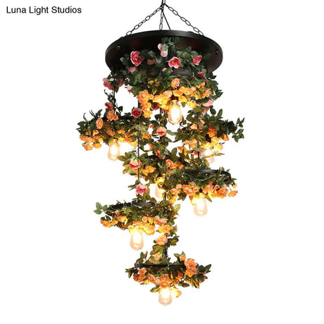 Black Iron Flower Pendant Chandelier - 7 Lights Warehouse Open Bulb Down Lighting